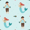 Seamless pattern with cute mermaid and pirate. Vector illustration. Pirate collection. Graphic print for fabrics and Royalty Free Stock Photo