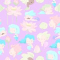 Seamless Pattern with Cute Mermaids and Funny Fish on Violet Background Royalty Free Stock Photo