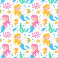 Seamless pattern with cute mermaids. Undersea vector background Royalty Free Stock Photo