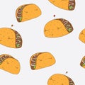 Seamless pattern with cute mexican tacos drawn with hand with lovely faces. Design good for wrapping paper and textile