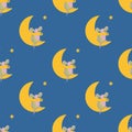 Seamless pattern with cute mice and the moon that embraces him. Royalty Free Stock Photo