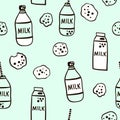 Seamless pattern with cute milk bottle character and cookies in black and white style. Creative childish mint background fo