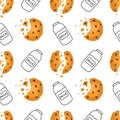 Seamless pattern with cute milk bottle and cookies.