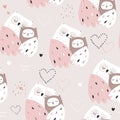Seamless pattern with cute mom and baby owls. Childish owl birds pink background. Ideal for fabrics, textiles, apparel, wallpaper Royalty Free Stock Photo