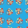 Seamless pattern with cute monkey and funny cartoon zoo animals on blue background