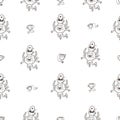 Seamless pattern with cute monsters and cups on white background. Morning coffee print. Dishes and funny animals poster.