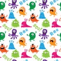 Seamless pattern with cute monsters and inscriptions