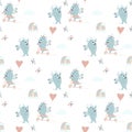 Seamless pattern with cute monsters. A pair of winged blue monsters - a boy and a girl ride a scooter with a balloon on