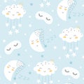 Seamless pattern with cute moon, stars, sleep mask and clouds. Kids background. Vector