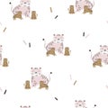 Seamless pattern with cute mother tiger and baby on white background.