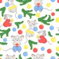 Seamless pattern with cute mouse with Christmas balls, symbol of 2020