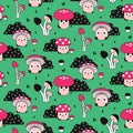 Seamless pattern, cute print with cartoon fly agaric mushrooms on green. Vector.