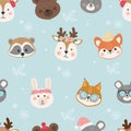 Seamless pattern cute muzzles forest animals, children`s print on clothes.Vector illustration