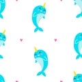 Seamless pattern with cute narwhale. Vector illustration