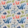 Seamless pattern with cute northern sea animals on beige background