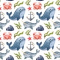 Seamless pattern with cute northern sea animals on white background
