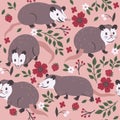 Seamless pattern with cute opossums, flowers and berries. Vector graphics