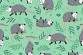 Seamless pattern with cute opossums and leaves. Vector graphics Royalty Free Stock Photo