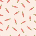 Seamless pattern with cute orange carrots on pink background, wallpaper with carrots. Vector illustration.