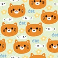 Seamless pattern of cute orange cat face head with fish and flower on pastel background Royalty Free Stock Photo