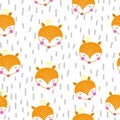 Seamless pattern with cute orange foxes and hand