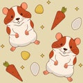 A seamless pattern with a cute orange and white hamster, carrots, corn kernels and pumpkin seeds