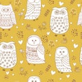 Seamless pattern with cute owls, flowers and hearts. Royalty Free Stock Photo