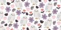 Seamless pattern with cute owls and flowers