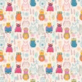 Seamless pattern with cute owls and flowers