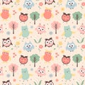 Seamless pattern with cute owls, trees and flowers.