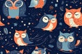 Seamless pattern with Cute painted flat owls. On a dark blue background. Generative AI illustration.