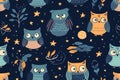 Seamless pattern with Cute painted flat owls. On a dark blue background. Generative AI illustration.