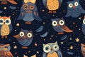 Seamless pattern with Cute painted flat owls. On a dark blue background. Generative AI illustration.