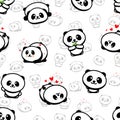 Seamless Pattern with Cute Panda Asian Bear Vector Illustrations, Collection of Chinese Animals Simple Texture Elements