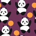 Seamless pattern with cute panda baby on color background. Funny asian animals. Card, postcards for kids. Flat vector Royalty Free Stock Photo