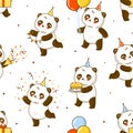 Seamless pattern with cute panda bears isolated on white - cartoon background for happy Birthday wrapping design