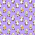 Seamless pattern with cute panda bears on purple - cartoon background for happy Birrthday wrapping design