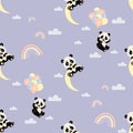 Seamless pattern with cute panda flies on balloons and playful teddy bear hangs on moon on purple background with clouds Royalty Free Stock Photo