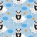 Seamless pattern with cute panda hugging clouds and stars. Background for kids with teddy bears on the sky in vector. Royalty Free Stock Photo