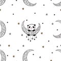 Seamless pattern with cute panda on the moon. Royalty Free Stock Photo