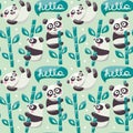 Seamless pattern with cute pandas, bamboo, leafs and hello Royalty Free Stock Photo