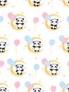 Seamless pattern with cute pandas on the moon with balloons for gift wrap