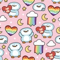 Seamless pattern of cute panguin hold heart with love is love text on pink background.Pride month Royalty Free Stock Photo
