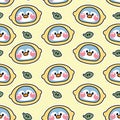 Seamless pattern of cute penguin face in lemon with leaf on pastel background.Bird animal