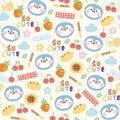 Seamless pattern of cute penguin face with tiny icon nature concept on pastel background