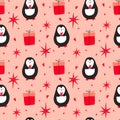 Seamless pattern with cute penguin hearts gift boxes stars. Vector illustration for valentines day. Design for printing