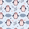 Seamless pattern with Cute Penguin in sleeping mask. Animal on the starry fantatic sky. Vector good nignt and sweet dreams concept Royalty Free Stock Photo