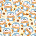 Seamless pattern of cute penguin wear scarf with autumn leaf and acorn