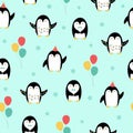 Seamless pattern with cute penguins and balloons on blue background. Template for nursery design, birthday card Royalty Free Stock Photo