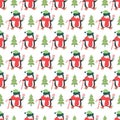 Seamless pattern with cute penguins ice skating with candy cane and Christmas tree.